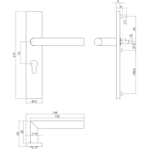 Türdrücker, 219x40,5x9 mm PZ72 mm