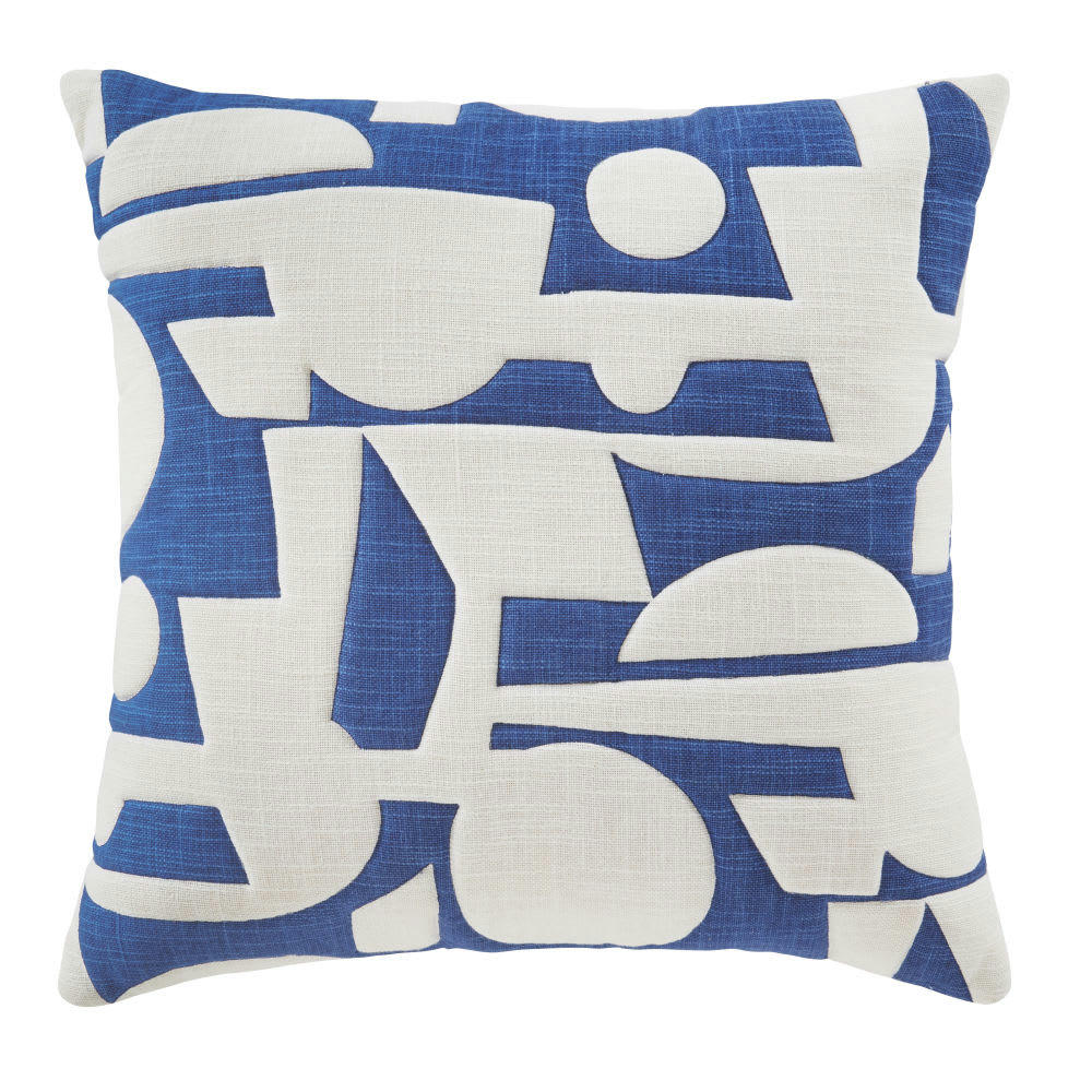 MOSLEY - Coussin en coton matelassé écru et bleu motifs graphiques 45x45