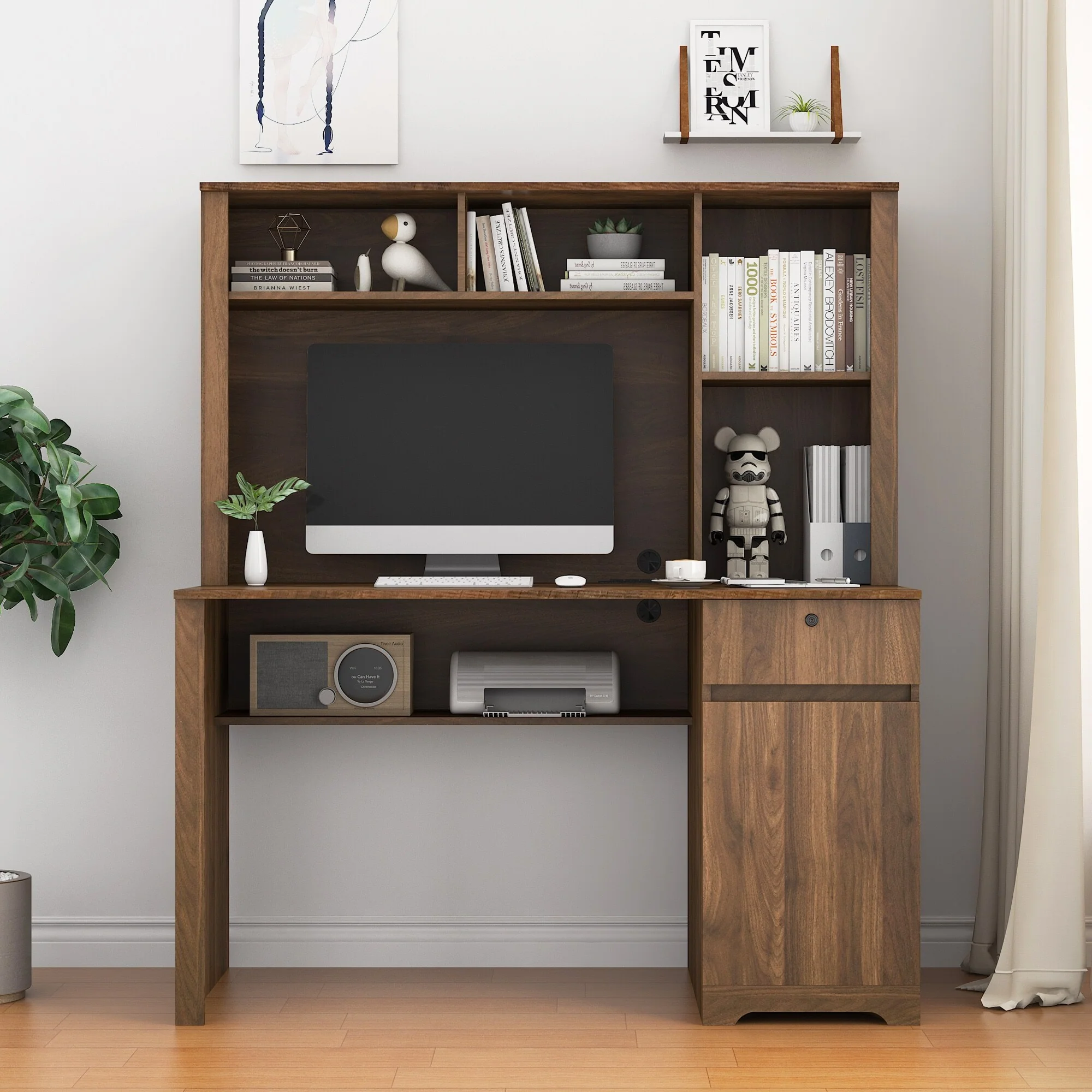 Computer Desk with Hutch & Bookshelf,Wood Executive Desk with Drawers,3 AC Outlets and 2 USB Charging Ports,Study Laptop Table