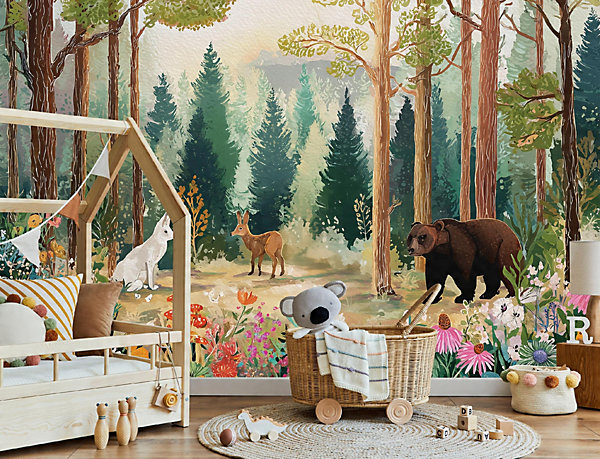 Papier Peint Enfant Forêt Arbres Animaux Intissé Panoramique 400x280 cm - Colle Inclus - Chambre Enfant - Moderne Papier Peint