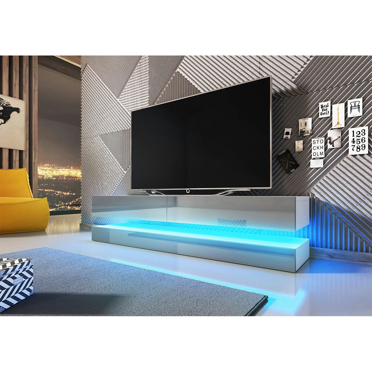 - Meuble tv mural 2 tiroirs 140 cm avec led blanc et gris