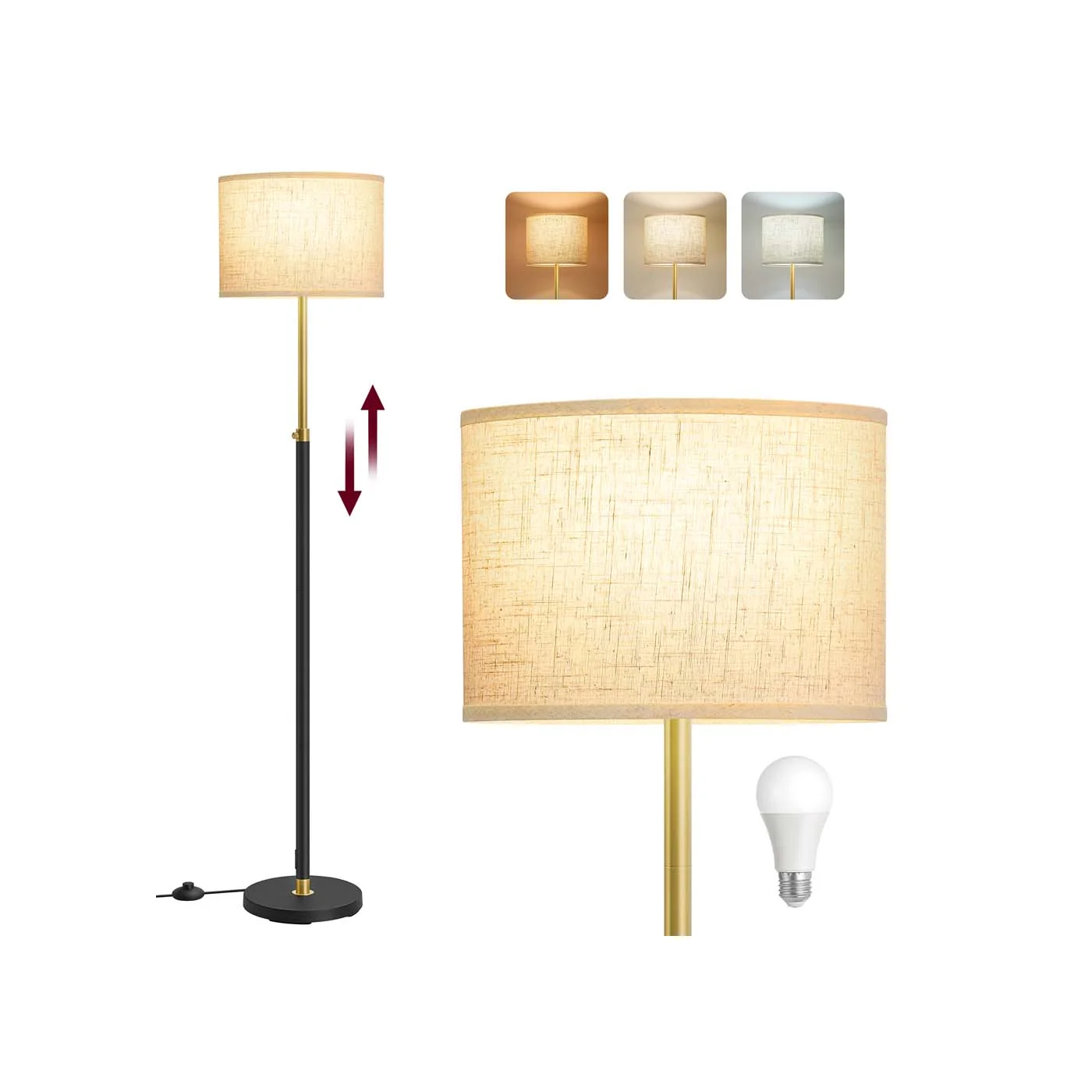 Lampadaire moderne réglable avec abat-jour en tissu