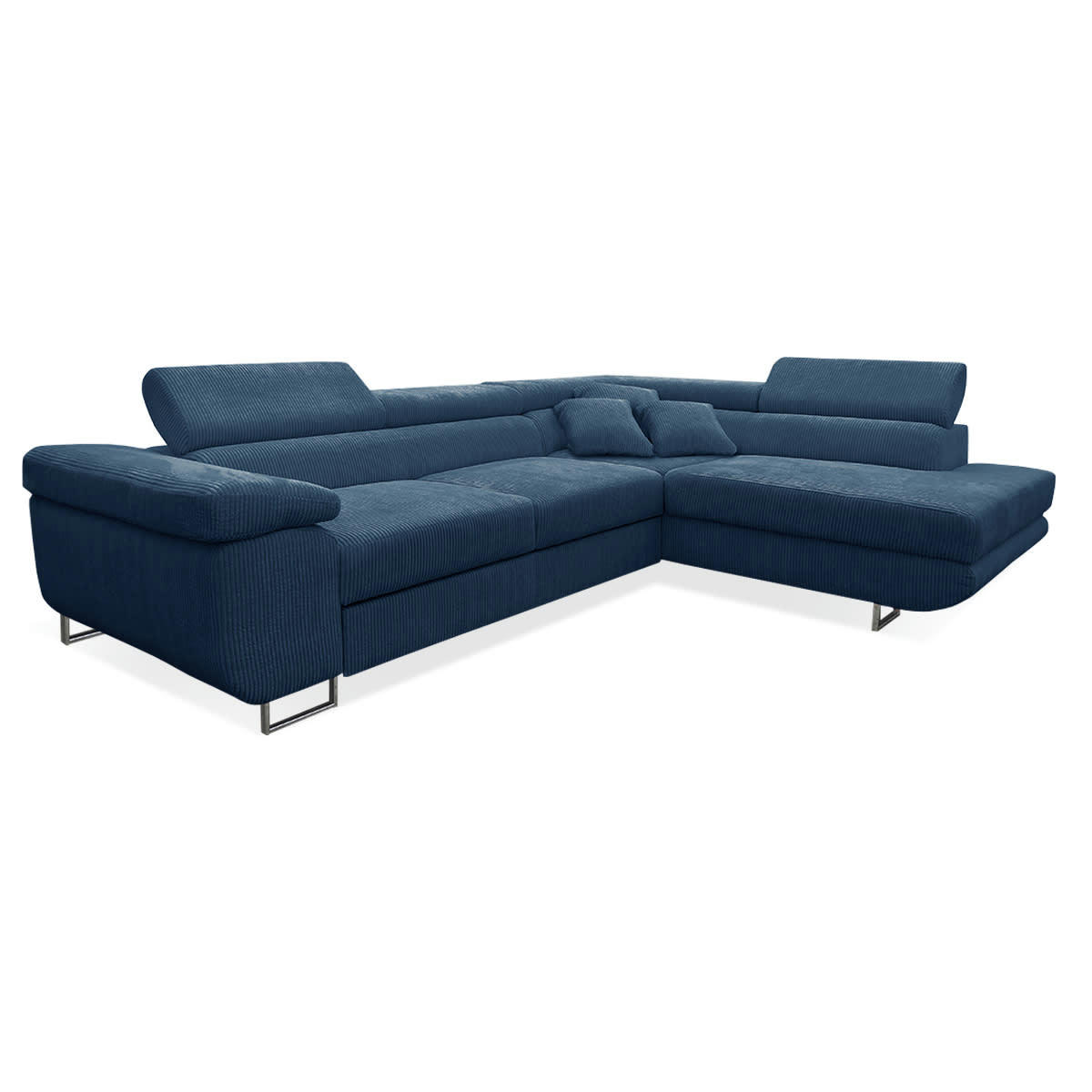 - Canapé d'angle convertible droit 4 places coffre velours côtelé bleu