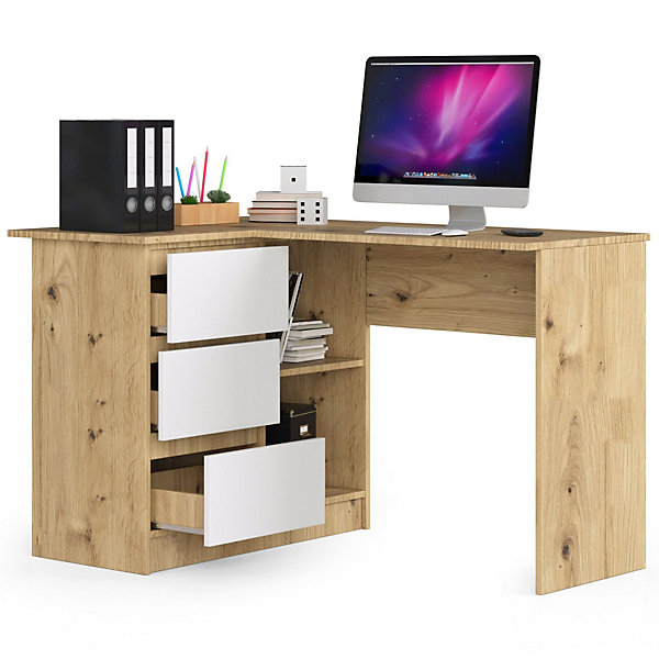 Bureau AKORD d'angle gauche B16 Chêne Artisan 124 cm 3 tiroirs façade Blanche 2 étagères 124x85x77 cm