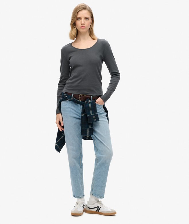 Fine Rib Scoop Neck Long Sleeve Top