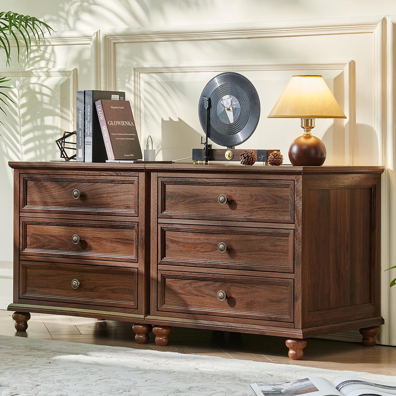 Farmhouse Nightstand Set of 2 with Charging Station, 24 Wide End Table with 3 Drawers,Dresser for Bedroom,Bed Side Table Chest of Drawers Cabinet,Wood Brown Night Stand for Living Room