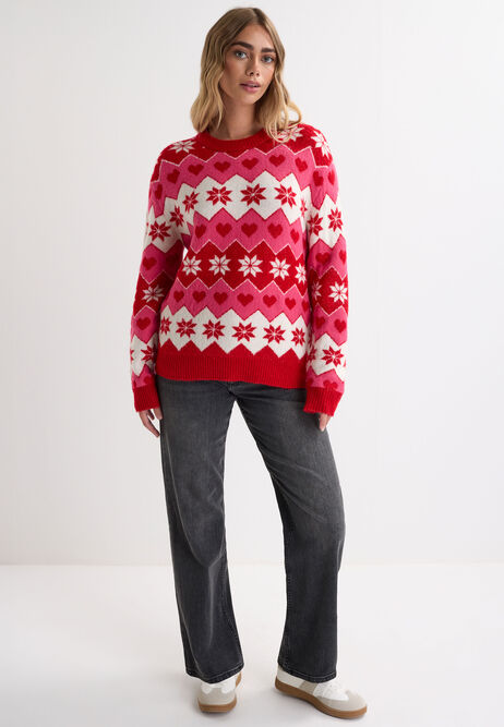 Womens Pink Heart Fairisle Christmas Jumper