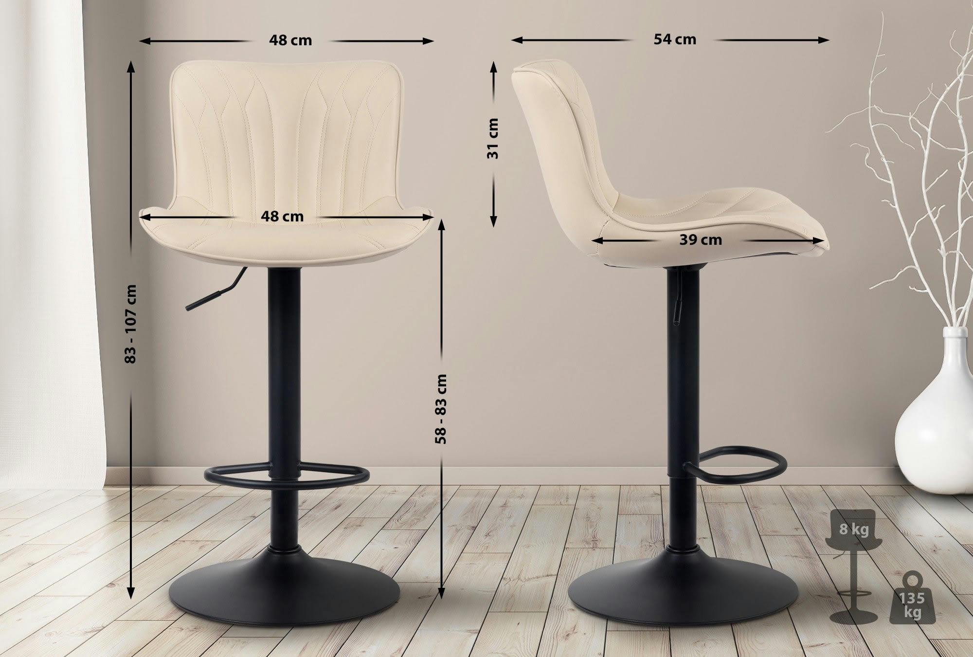 LINUS - Tabouret de bar ajustable pivotant similicuir Crème