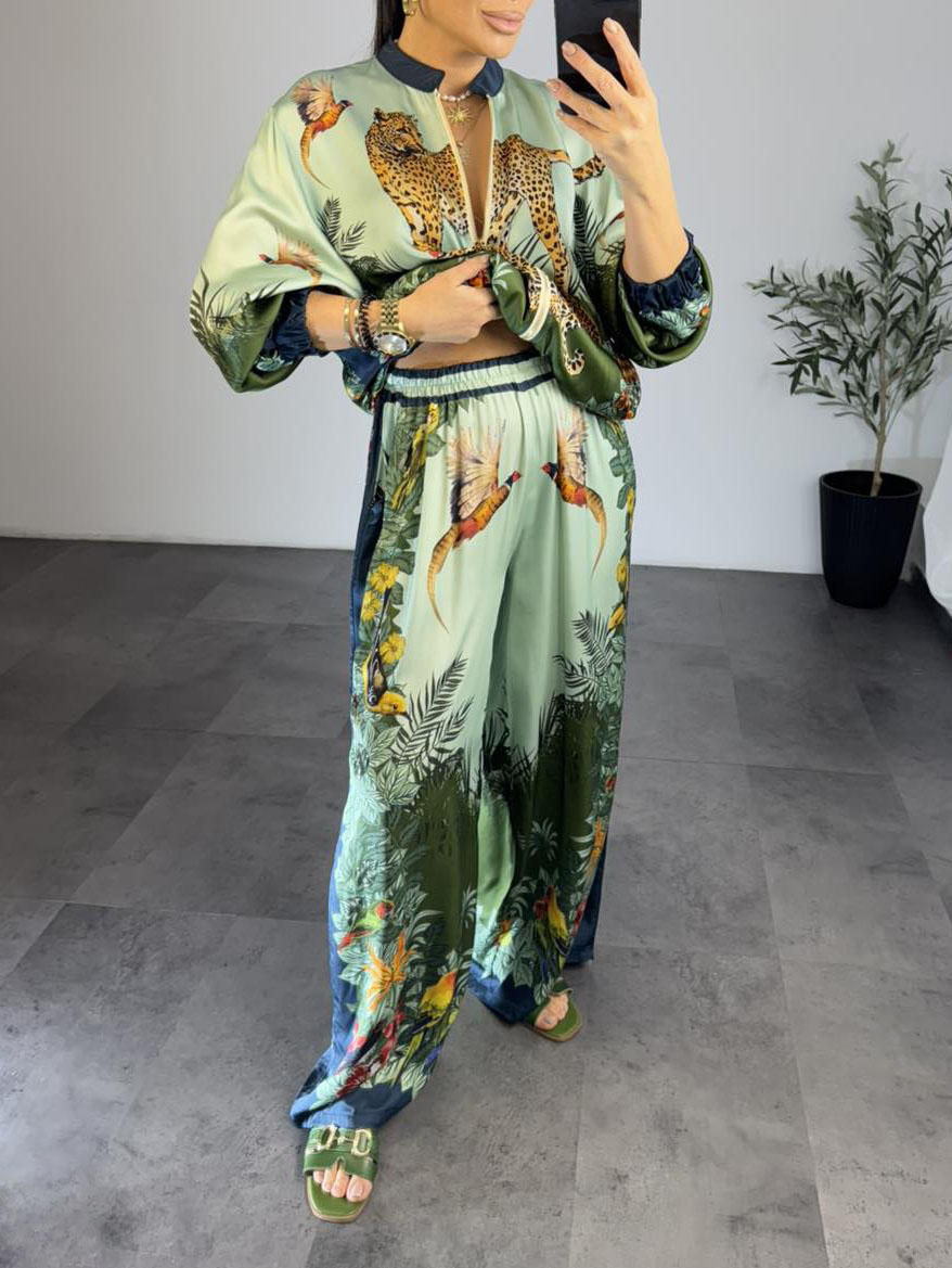 Exotic Jungle Print Wide Leg Pants