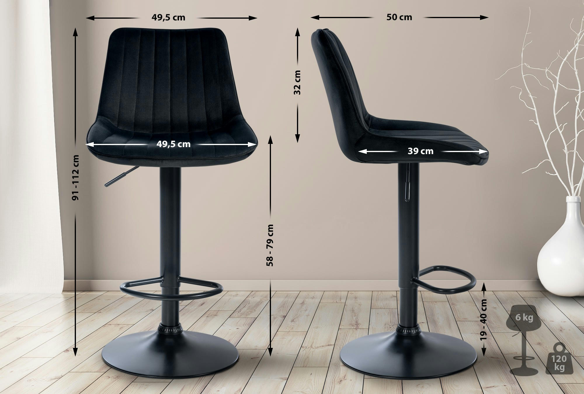 TONI - Tabouret de bar velours ajustable pivotant velours Noir