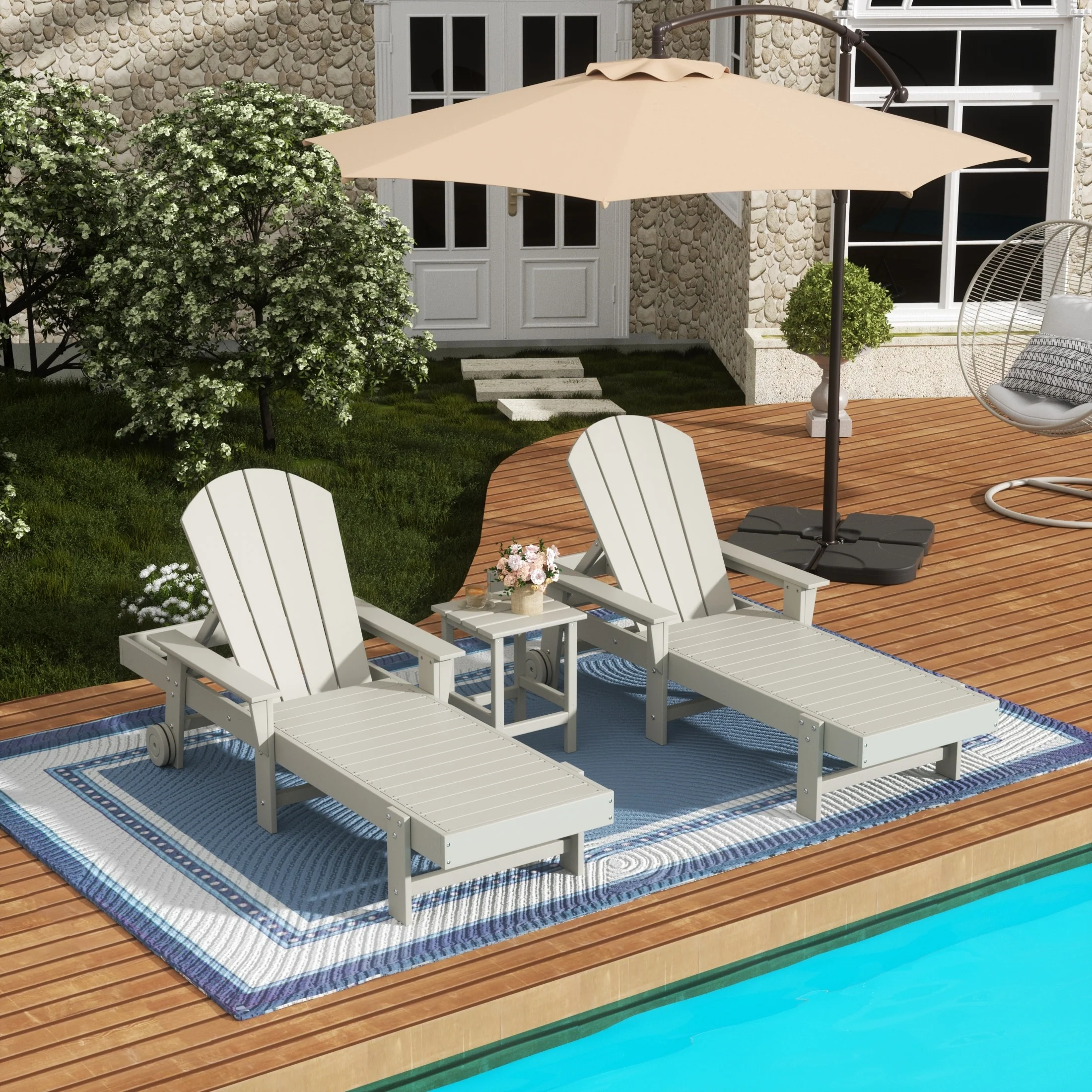 Polytrends Laguna Hdpe All Weather Outdoor Patio Pool Reclining Chaise Lounges With Side Table (3-Piece Set)