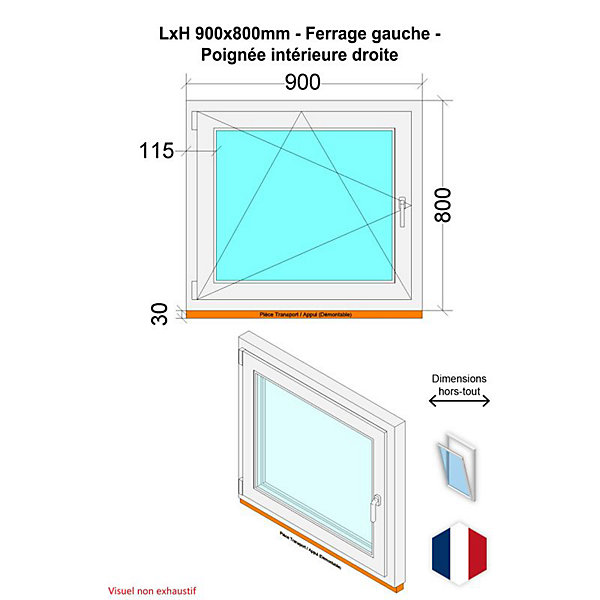 Fenêtre PVC - LxH 900x800 mm -Triple Vitrage - Blanc -poignée à droite