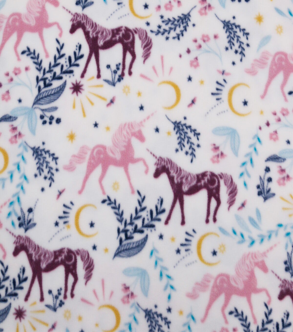 Unicorns & Leaves on White Anti Pill Fleece Fabric