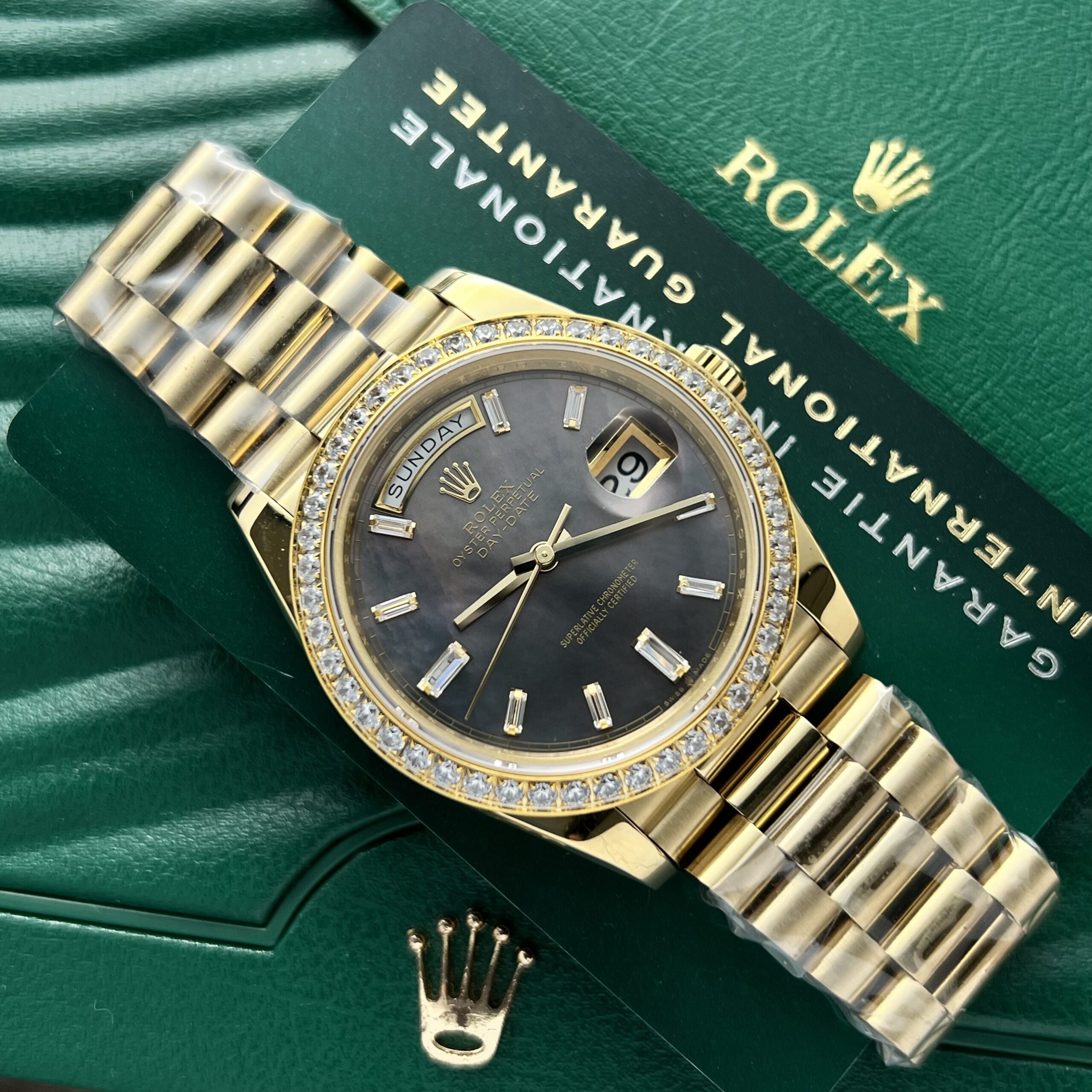 Rolex Day-Date YG Plated Dark MOP Dial CZ Diamonds 40mm AAA Replica