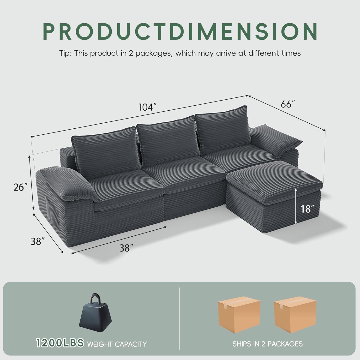 104 Cloud Sectional Couch, Boneless Couches for Living Room, L Shaped Couch with Ottoman, Modular Sectional Sofa with Deep Seat, Modern Boneless Sofa for Living Room, No Assembly (Grey, L-Shaped)