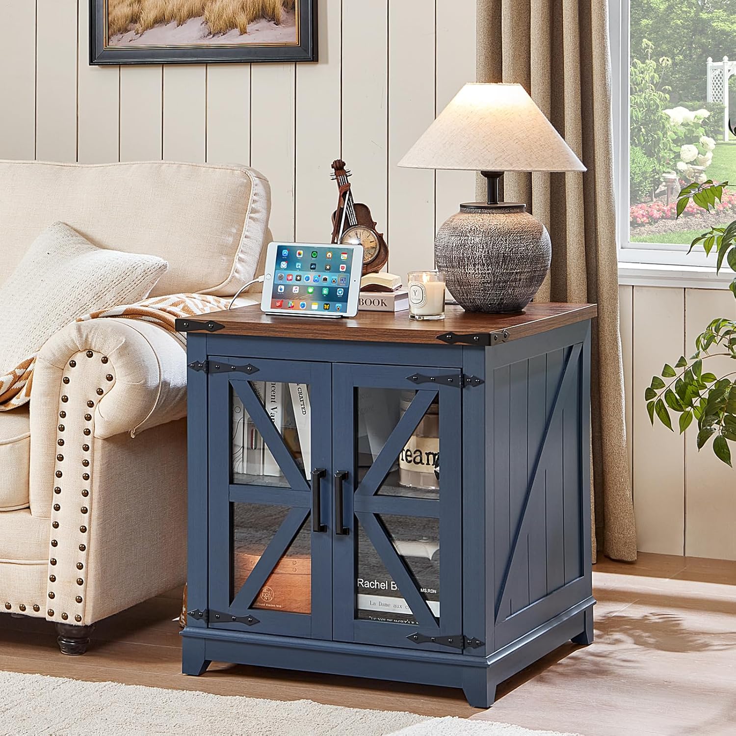 Farmhouse End Table Set 3, Narrow 18'' Night Stand with Glass Barn Door, 24 Square Side Table with Charger Station, Living Room Furniture Sets, Wood Nightstand Bedside Tables for Bedroom
