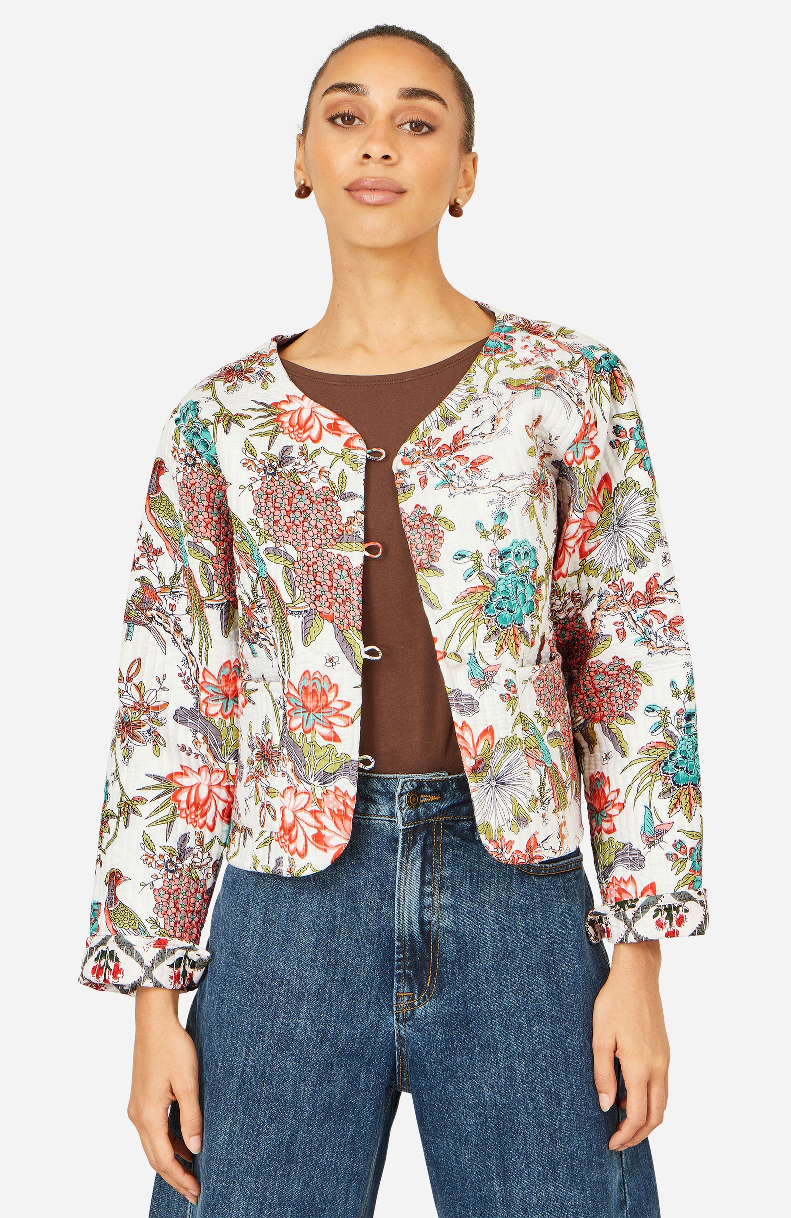 Yumi White Peacock Print Reversible Cotton Quilted Jacket