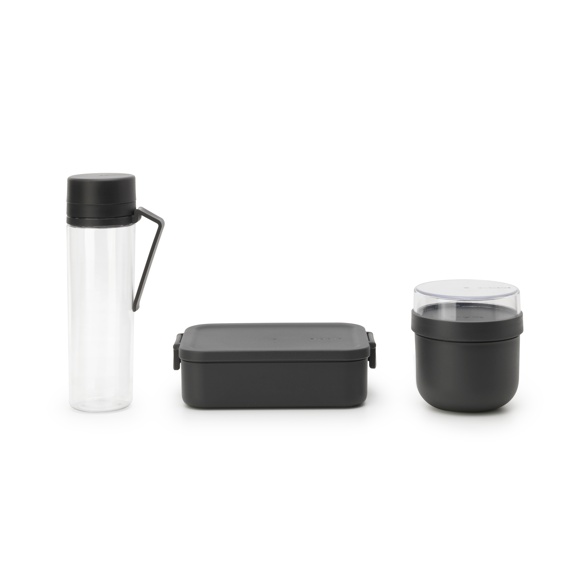 Brabantia Make & Take Ontbijt- en Lunchset, 3-delig, kunststof (waterfles met zeef, yoghurtbeker 0,5 liter, lunchbox medium) - Dark Grey
