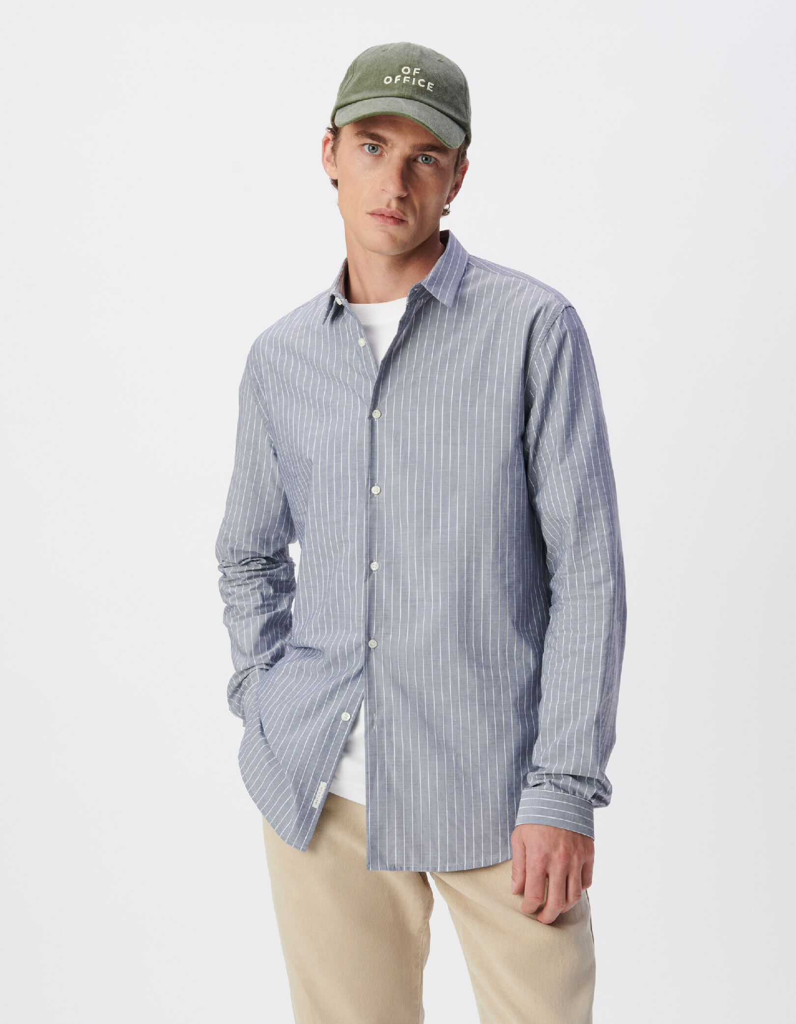 Chemise slim bleu grisé coton bio rayures tennis Homme