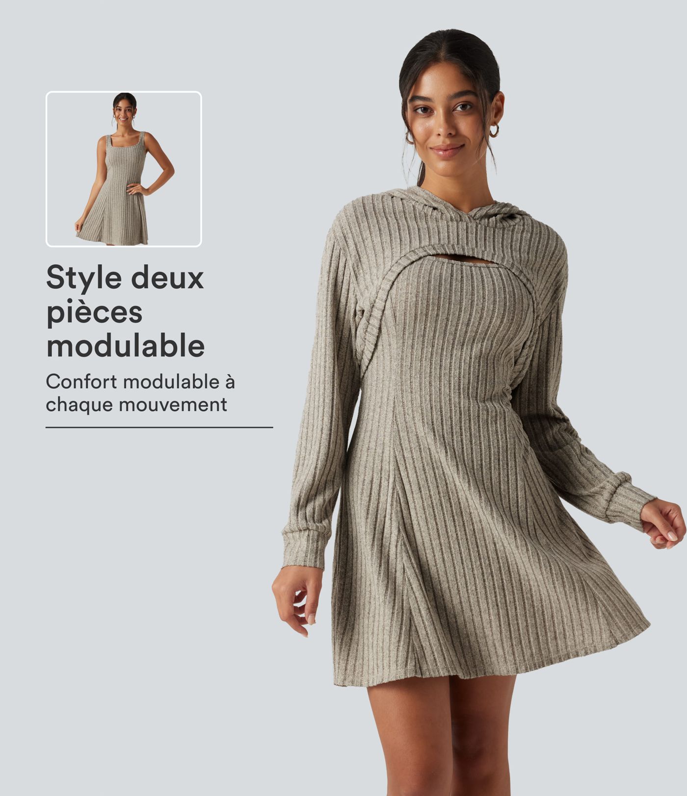 Robe mini 2 pièces en maille côtelée à capuche et manches longues