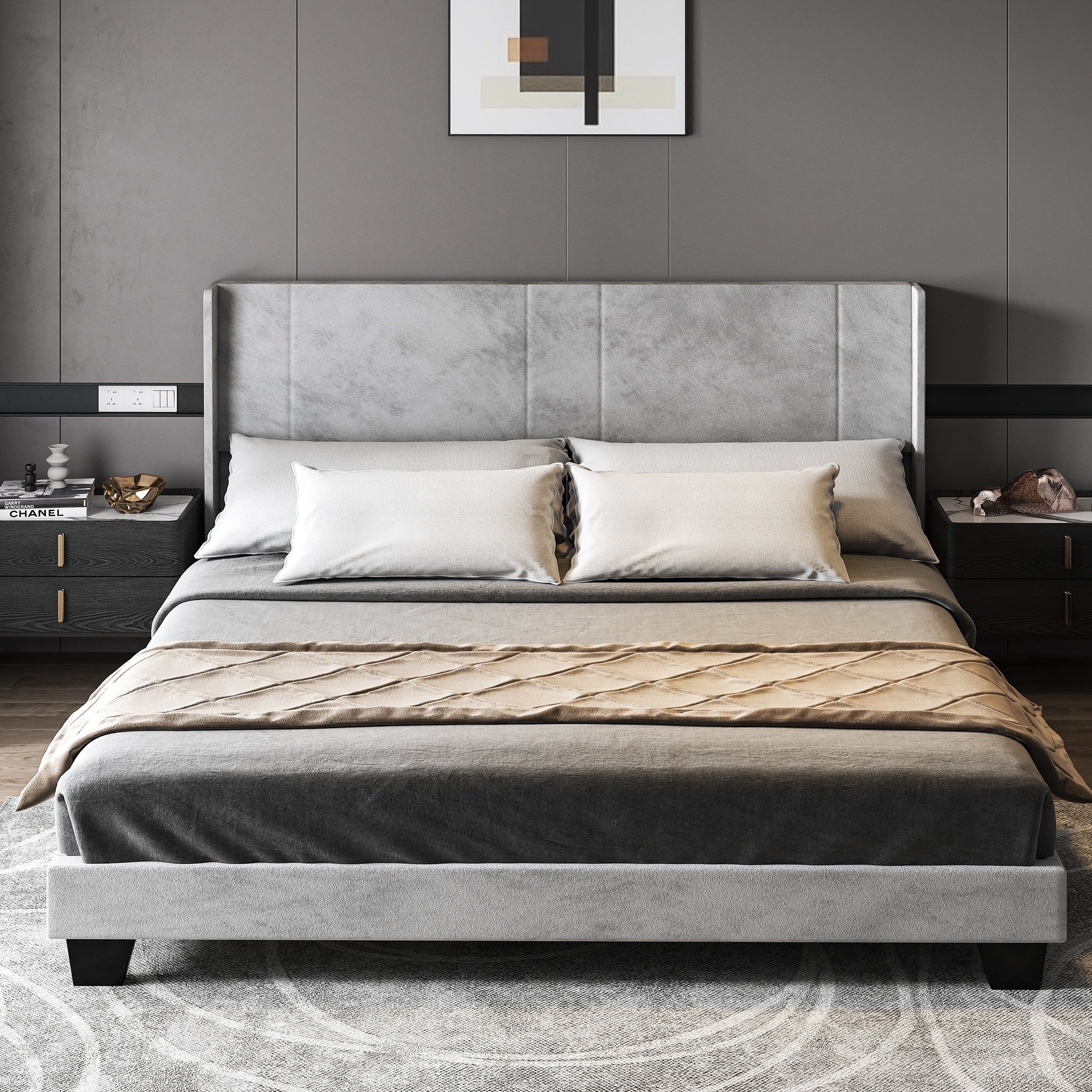 Grey King Velvet Upholstered Bed Frame