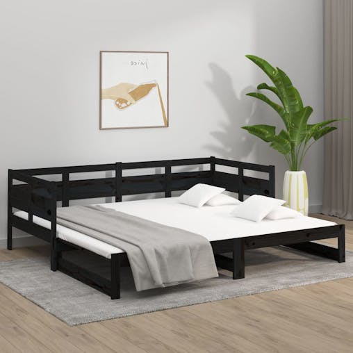 NNEVL Pull-out Day Bed Black Solid Wood Pine 2x(92x187) cm