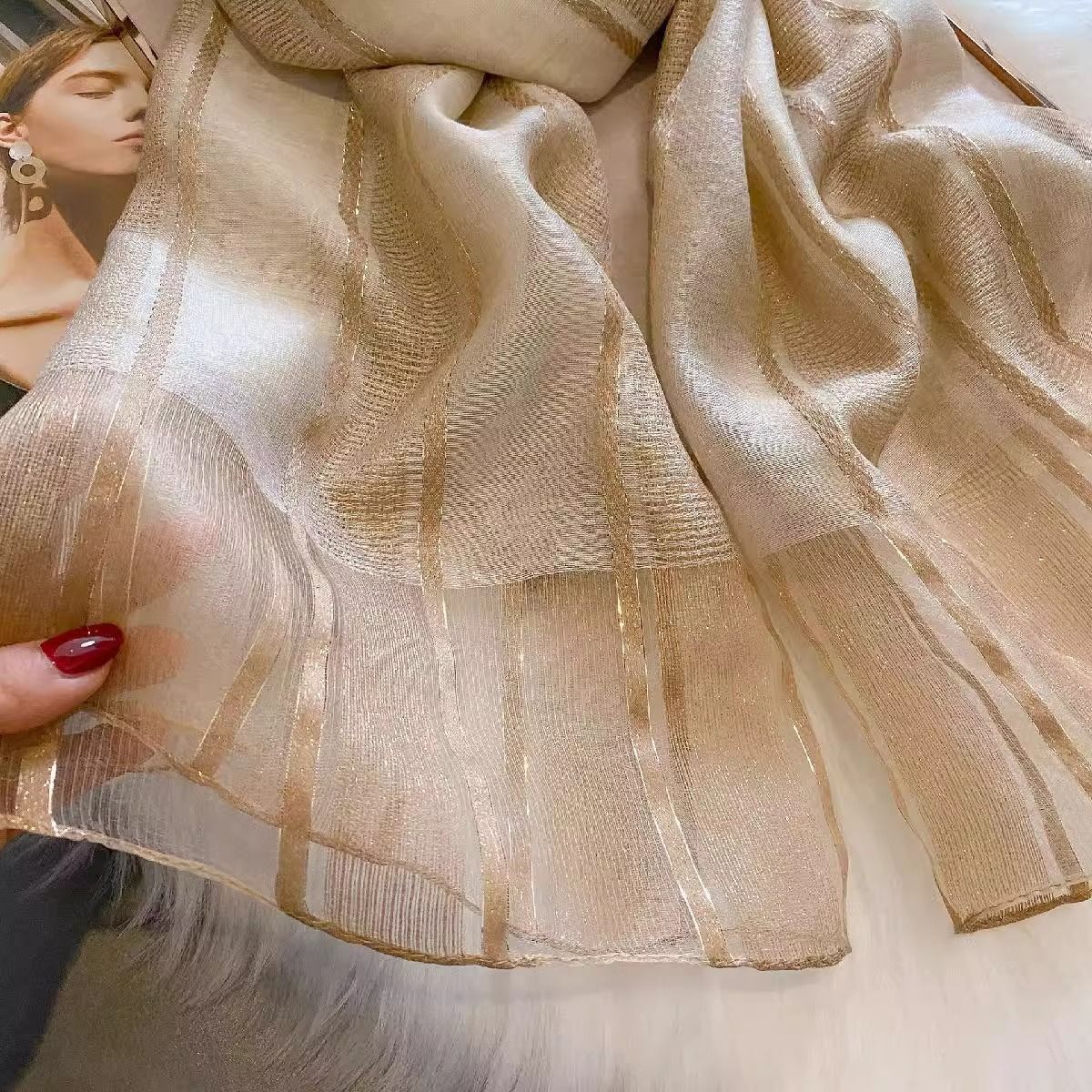 PEACH ACCESSORIES Lightweight Metallic Thread Silk Feel Occasions Scarf