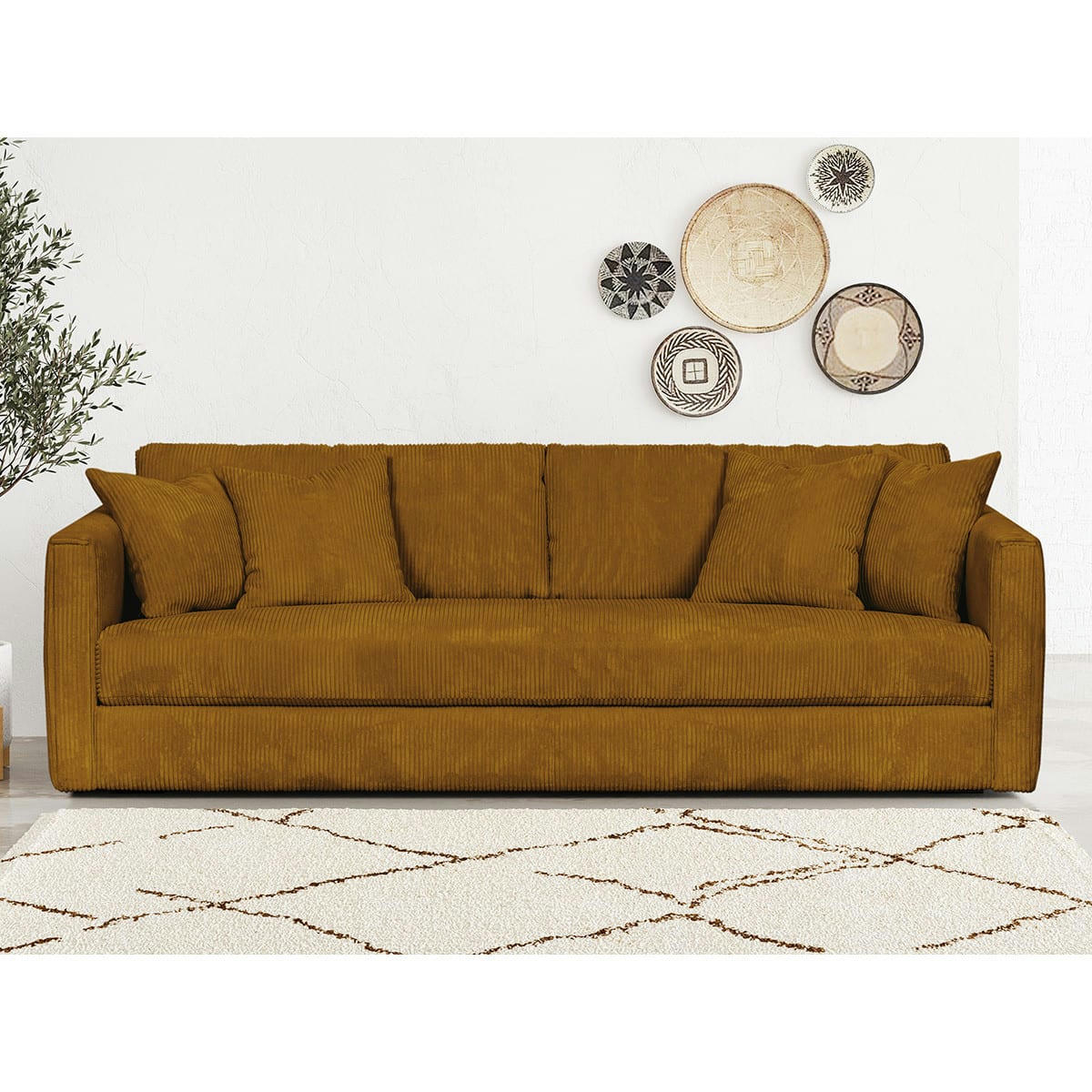 DENVER - Canapé 4 places en velours côtelé jaune moutarde + 4 coussins