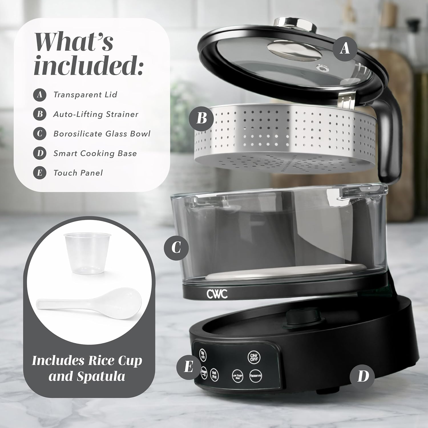 COOK WITH COLOR 3L Glass Mini Low Carb Rice Cooker – Holds 2 Cups Raw/Makes 6 Cups Cooked with Auto Lift Filter Basket, Hotpot & Steamer for Rice, Grains, Digital Panel with Keep Warm, Black