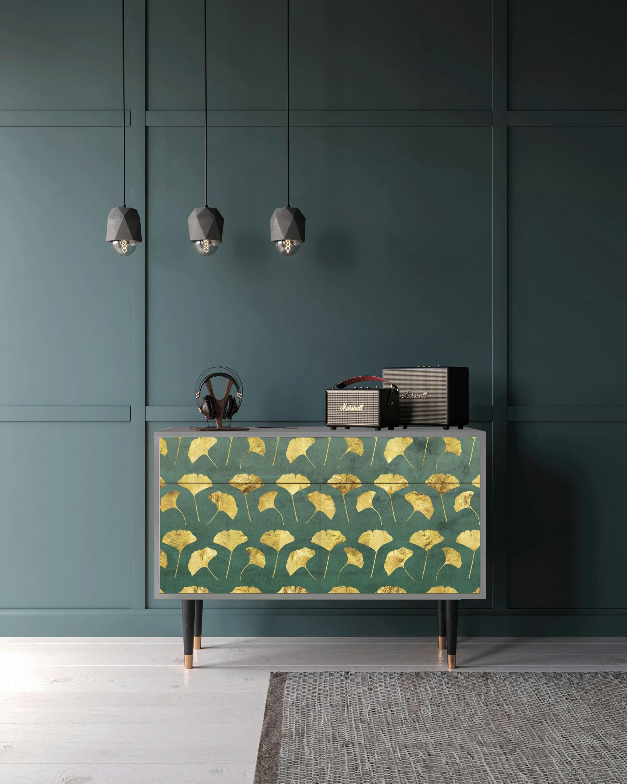 GINGKO LEAVES - Buffet  vert et jaune 2 tiroirs et 2 portes L 115 cm