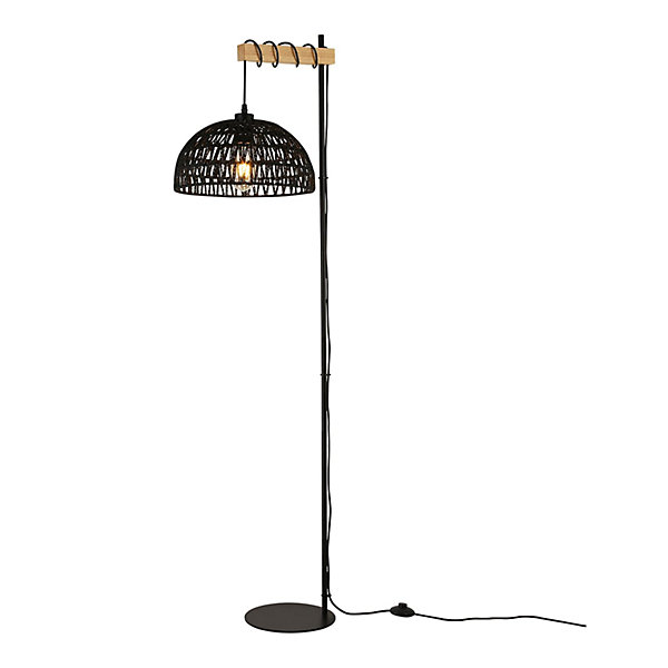 Lampe sur pied en bois avec abat-jour en corde de jute noire 