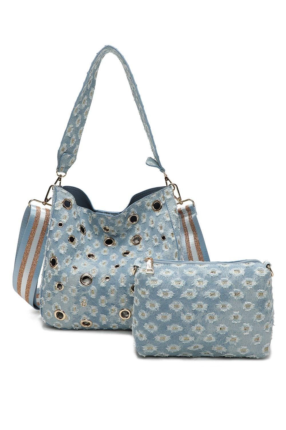 Fontanella Fashion Denim Hole Punch Hobo Shoulder Bag and Pouch 2-in-1 with Three-Tone Glitter Strap