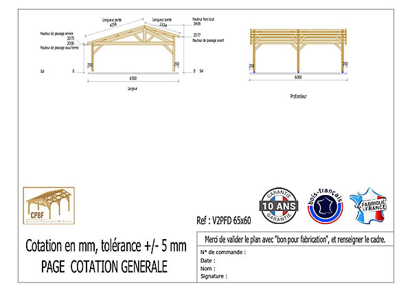 Carport 2 pentes faitage décalé, 650cmx600cm, bois DOUGLAS Français(Charpente en bois-auvent-abri voiture)39 m². Garantie 10 ans