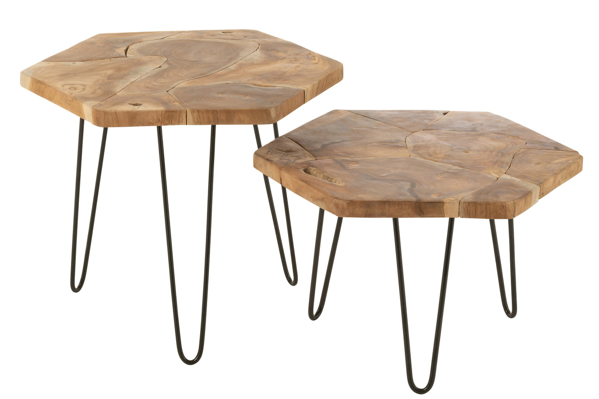 J-Line bijzettafel Hexagon - hout/metaal - naturel - 2 stuks