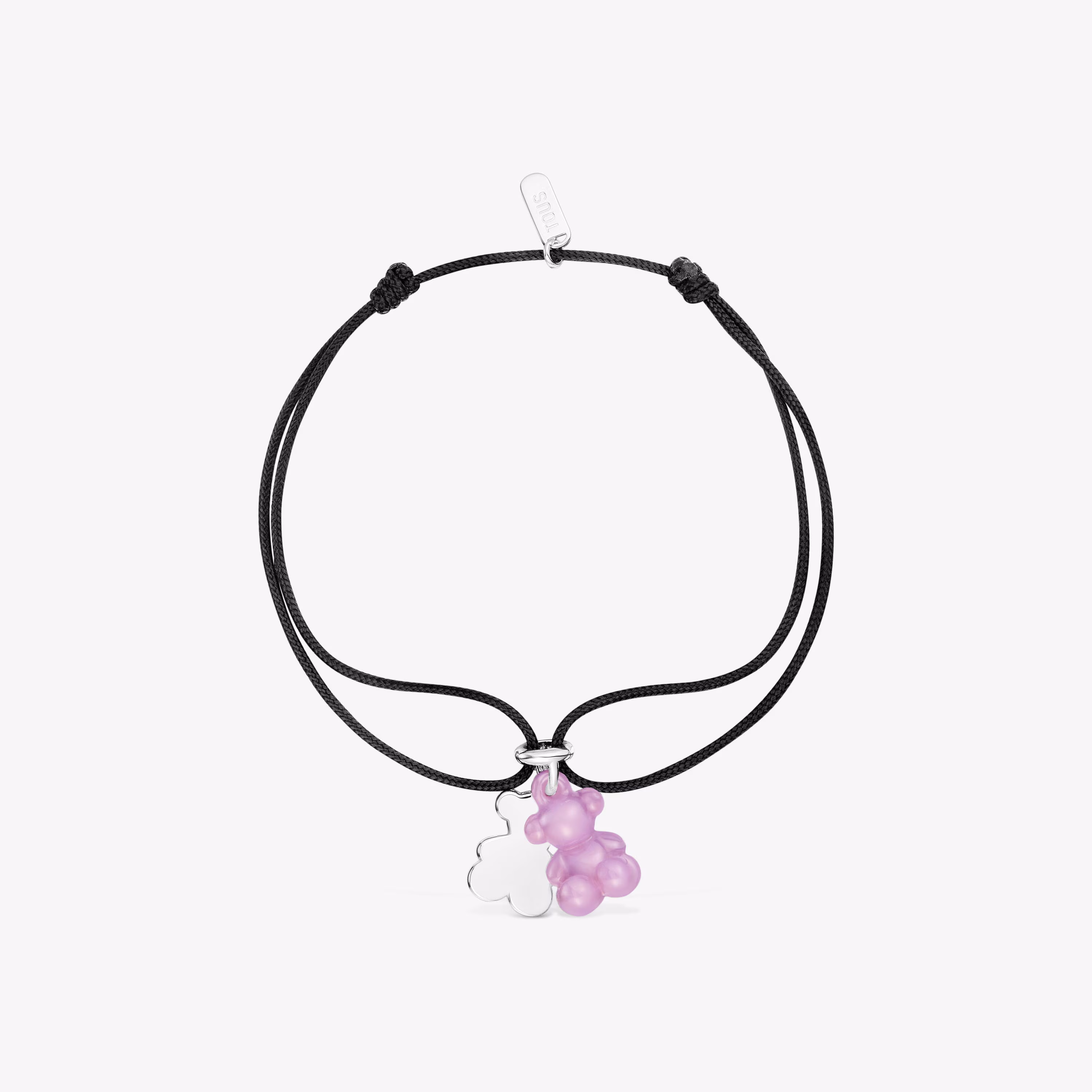 Pulsera doble oso de plata con cerámica lila y nylon negro Bold Bear