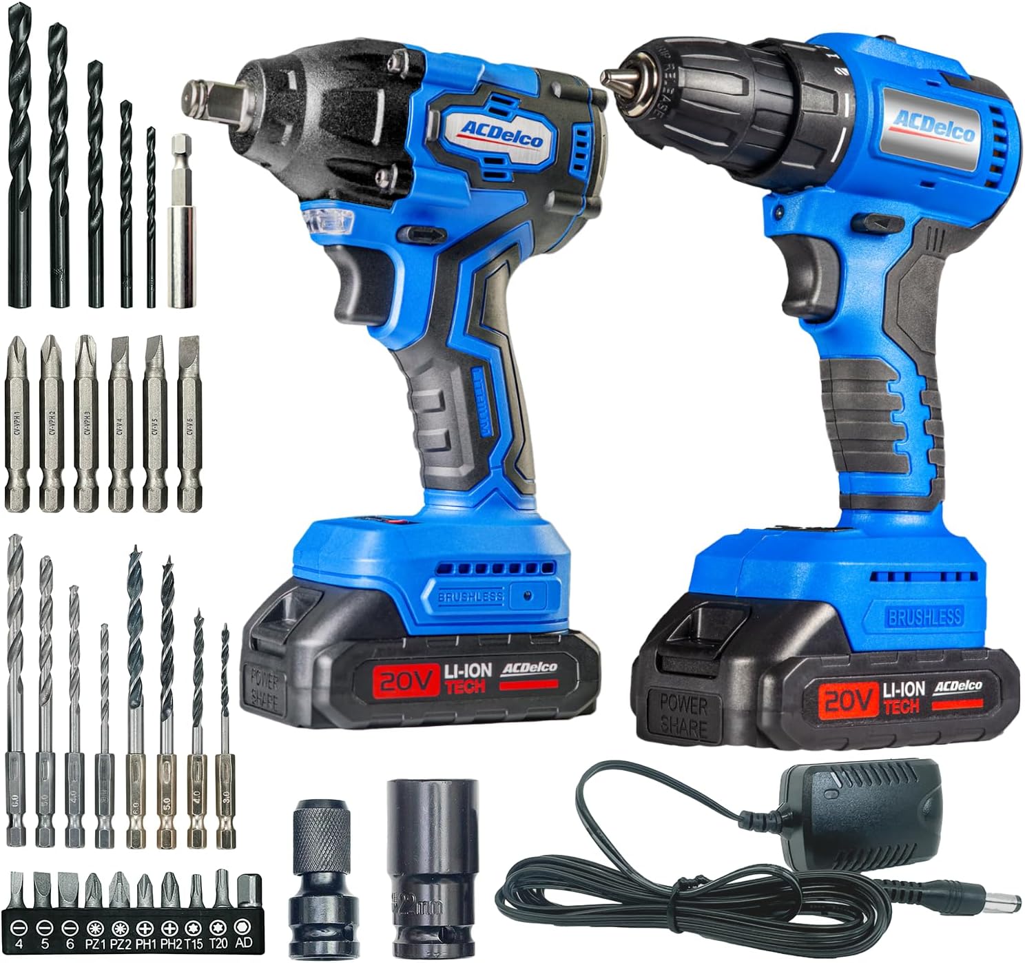 ACDelco Brushless Combo Kit, 251 Ft-lbs (350Nm) Impact Wrench & 400 In-lbs Drill, 1/2 & 3/8 Chuck, (2) 2.0Ah Batteries & Charger, 2600 RPM, 20V 2-Tool Power Kit, ARI20132-K1