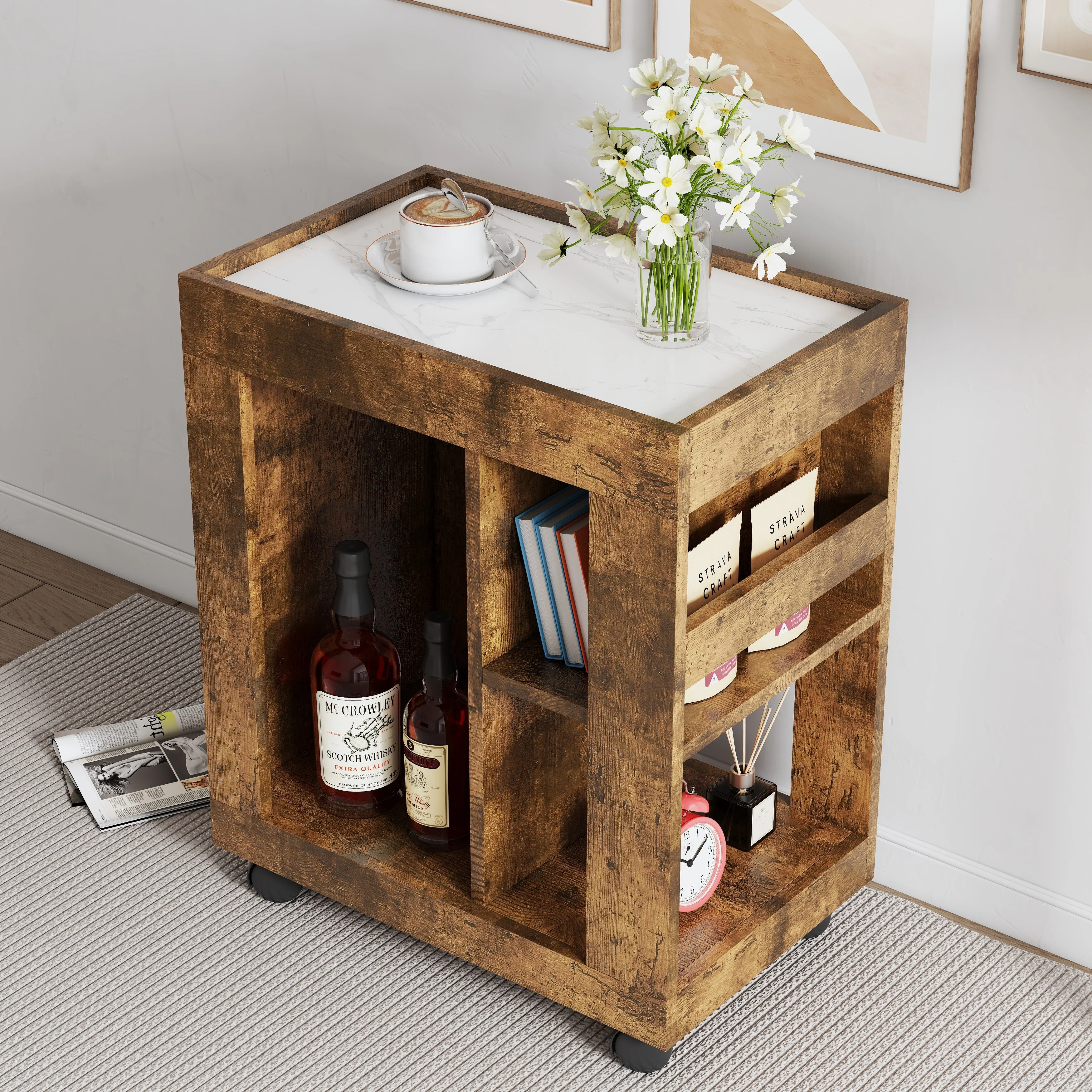 Mid-Century Modern Style Movable Side Cabinet For Sofa(no include stool)