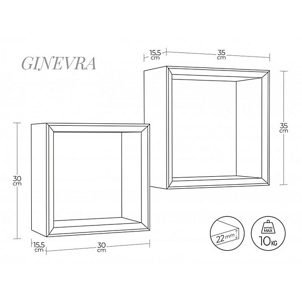 Lot de 2 étagères murales, cubes décoratifs, cubes de rangement, blancs, 35x35 cmx15,5 cm et 30x30 cmx15,5 cm