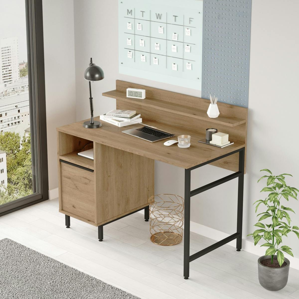 Bureau moderne décor bois avec rangement et étagère JENA