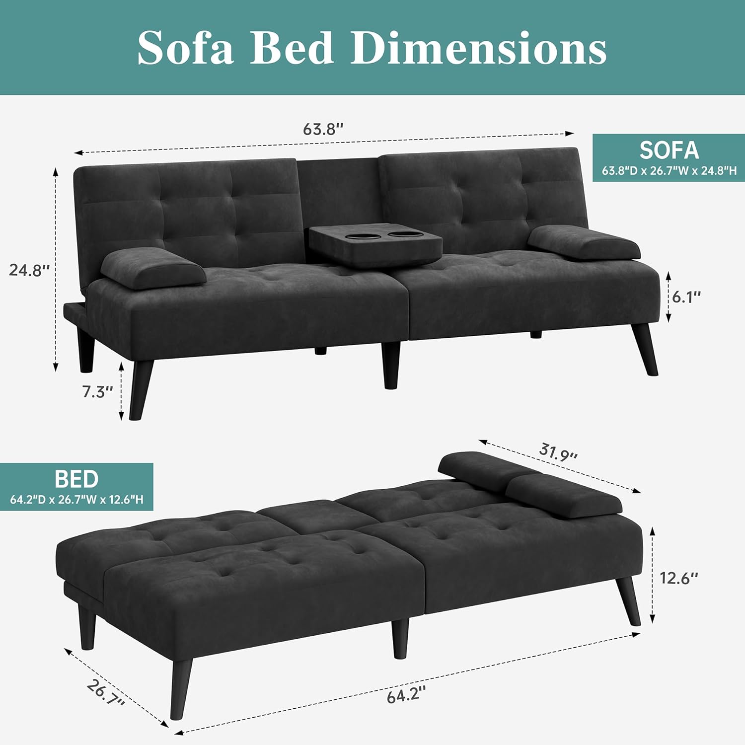 Meilocar 64 Futon Sofa Bed, 64 Convertible Loveseat with 2 Cup Holders, Small Couch with 3 Adjustable Angles & Removable Armrest, Sleeper Sofa for Apartment, 5.3 FT, Black