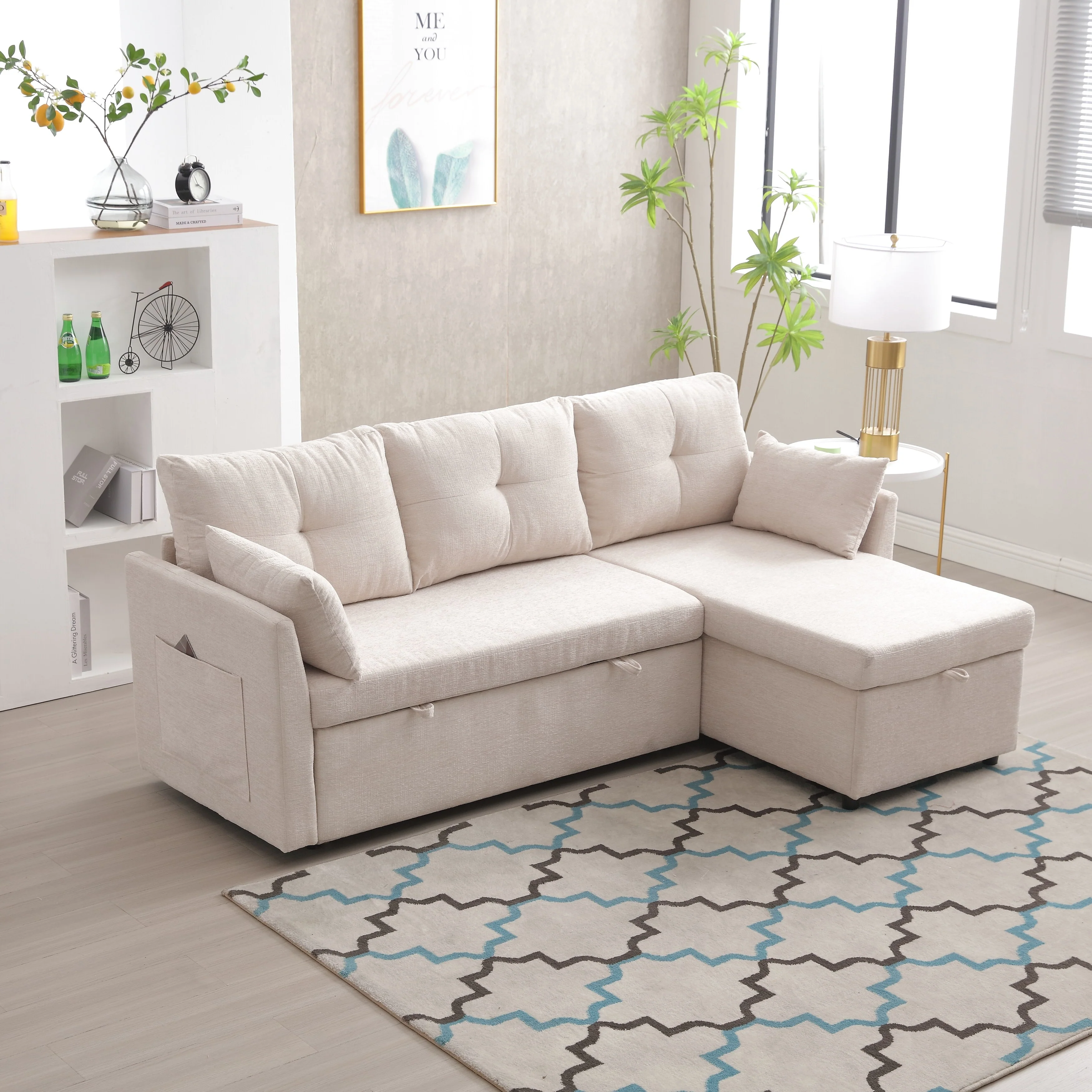 Beige 81.1'' L-Shaped 3-Seat Sectional Sofa with Reversible Chaise and Storage, Durable Wood Frame Design