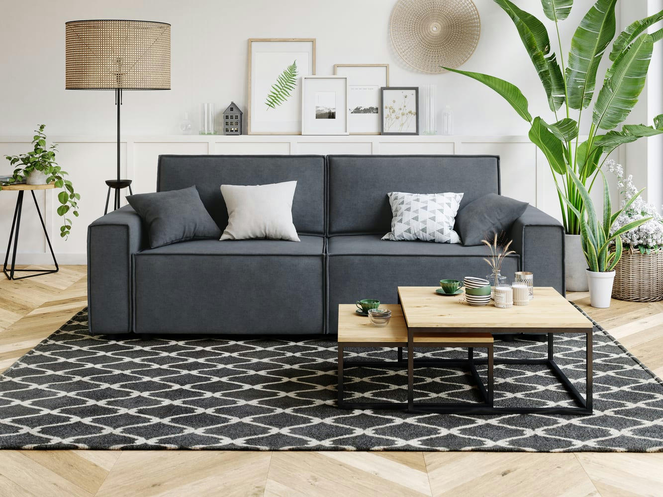 MIRA - Canapé droit convertible en velours 3 places gris souris