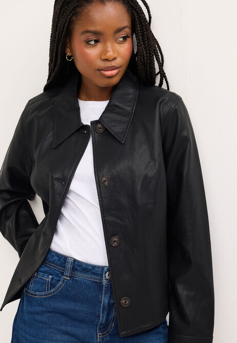 Womens Black Faux Leather Button Up Jacket