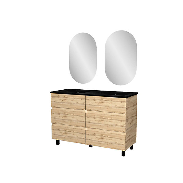 Ensemble sous vasque à poser effet chêne industriel 6 tiroirs   vasque double noire   2 miroirs, l.120 cm, Galedo Timber