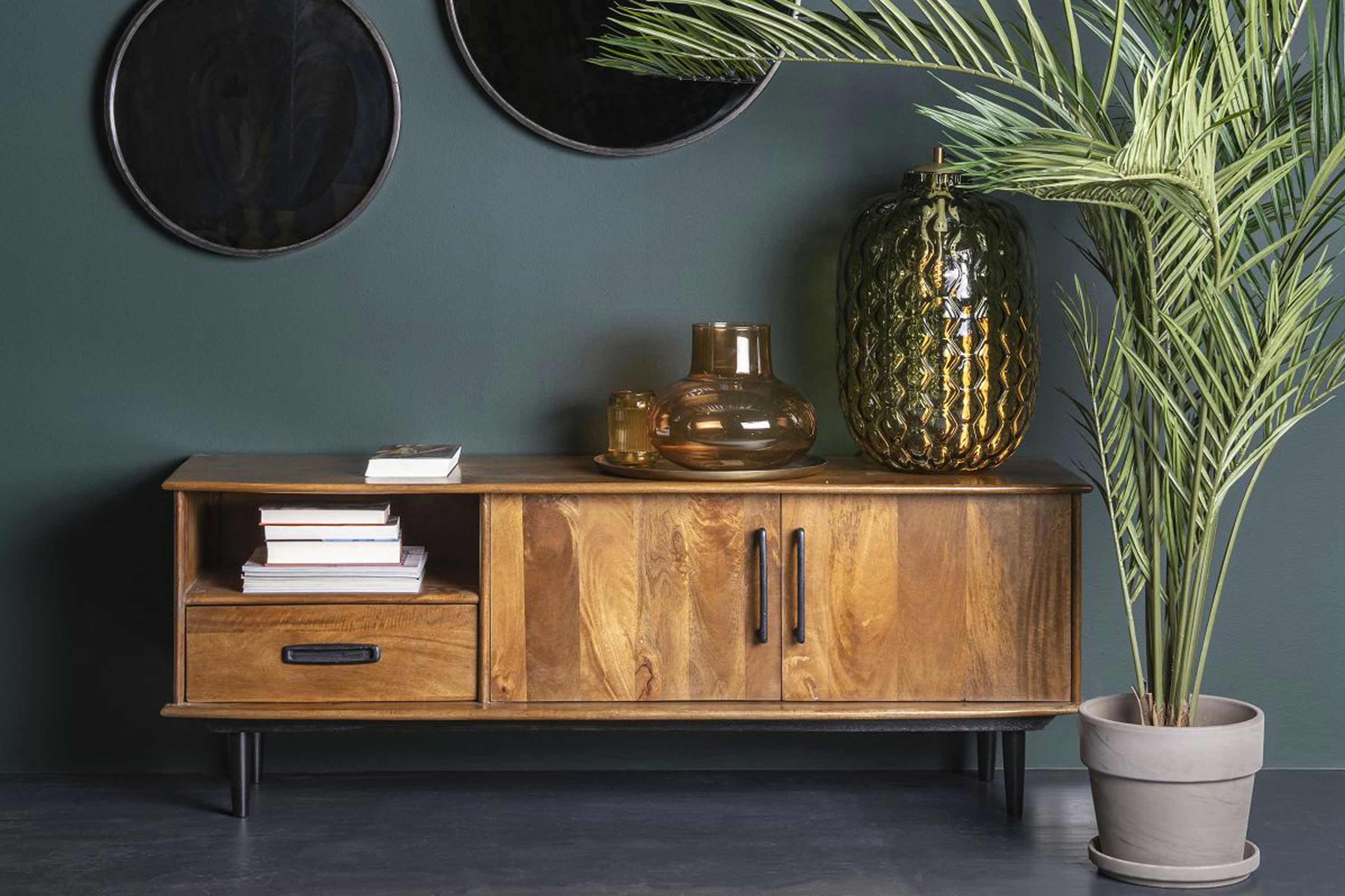 GEDEON - GEDEON-Meuble TV Vintage 2 portes 1 tiroir en bois de Manguier massif