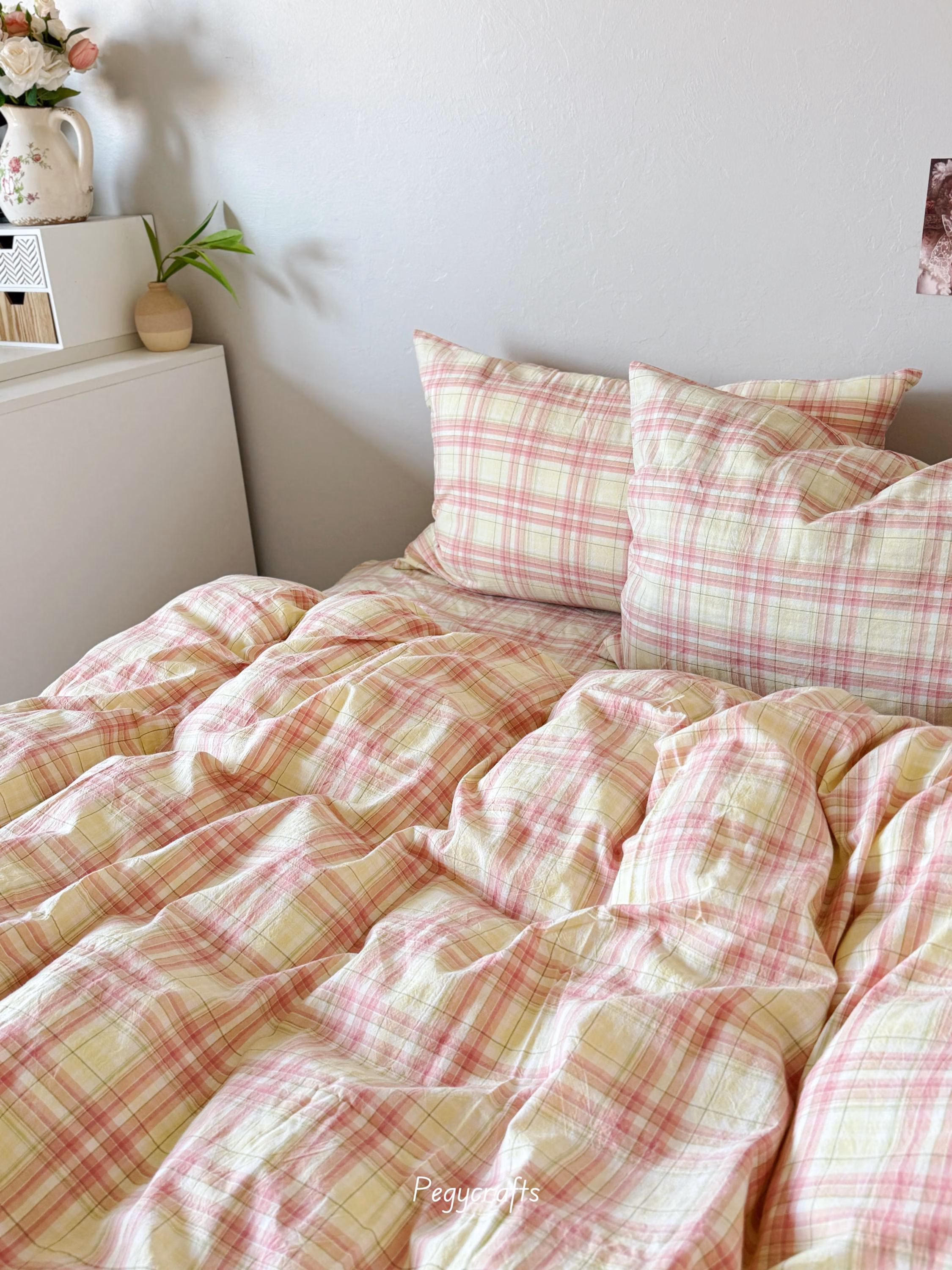 Pink Gingham Washed Cotton Duvet Cover and Pillowcase Set