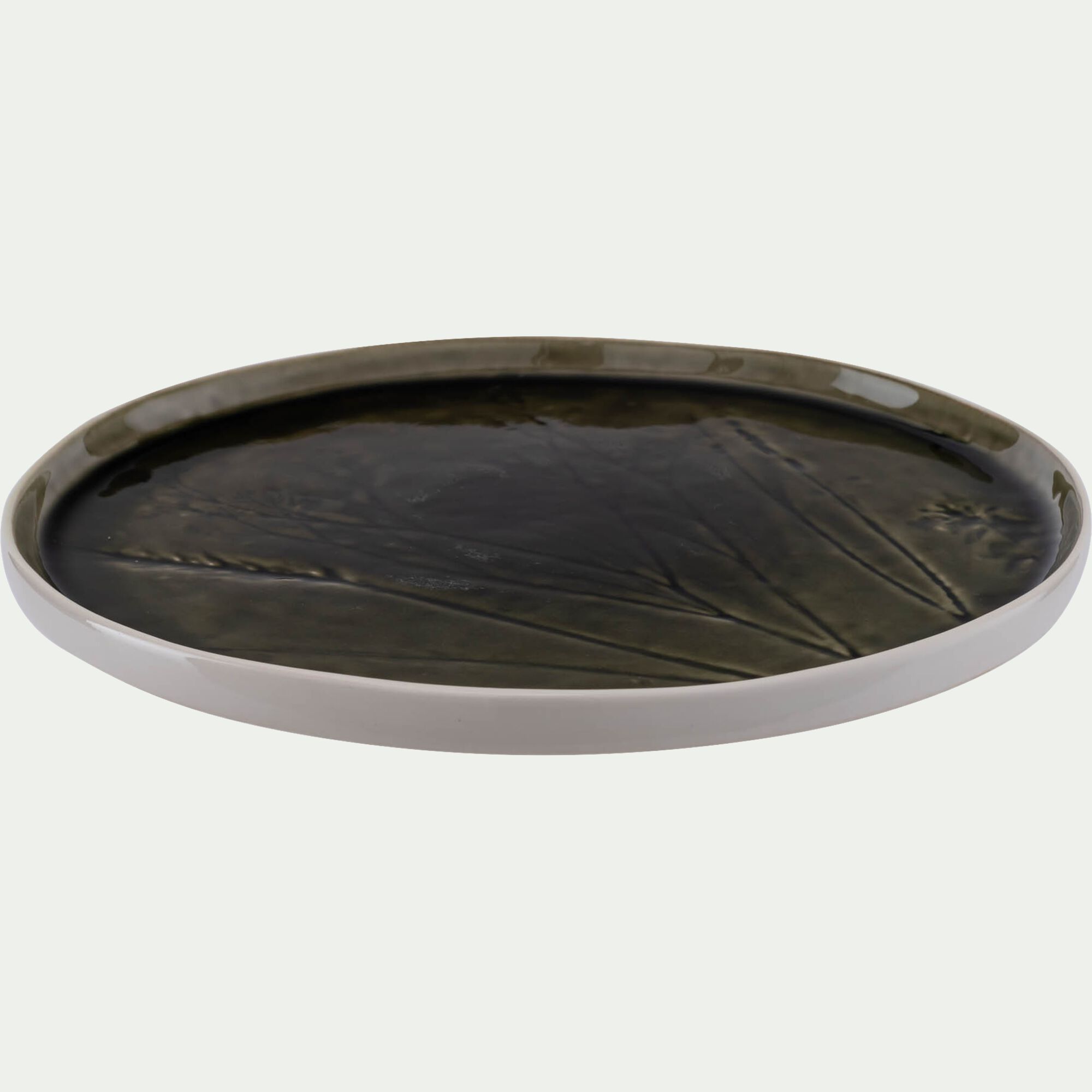 FLEOLE - Assiette plate impressions végétales en grès D26cm - vert avocado