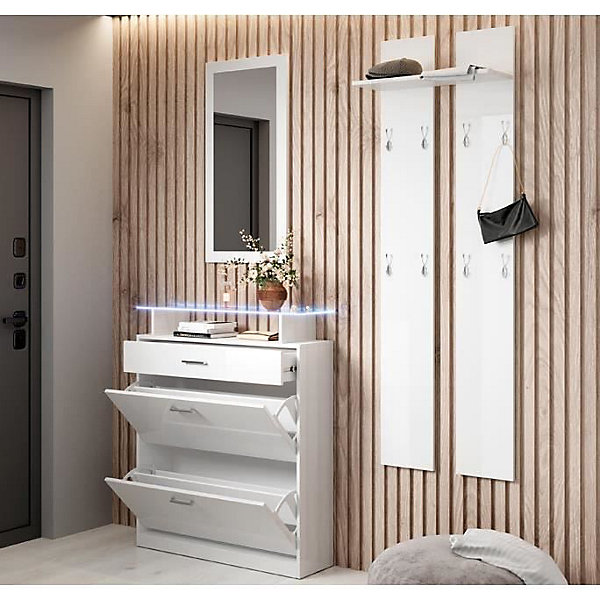 Meuble d'entrée contemporain 3-en-1 blanc brillant - Mélamine - 89x24x105 cm