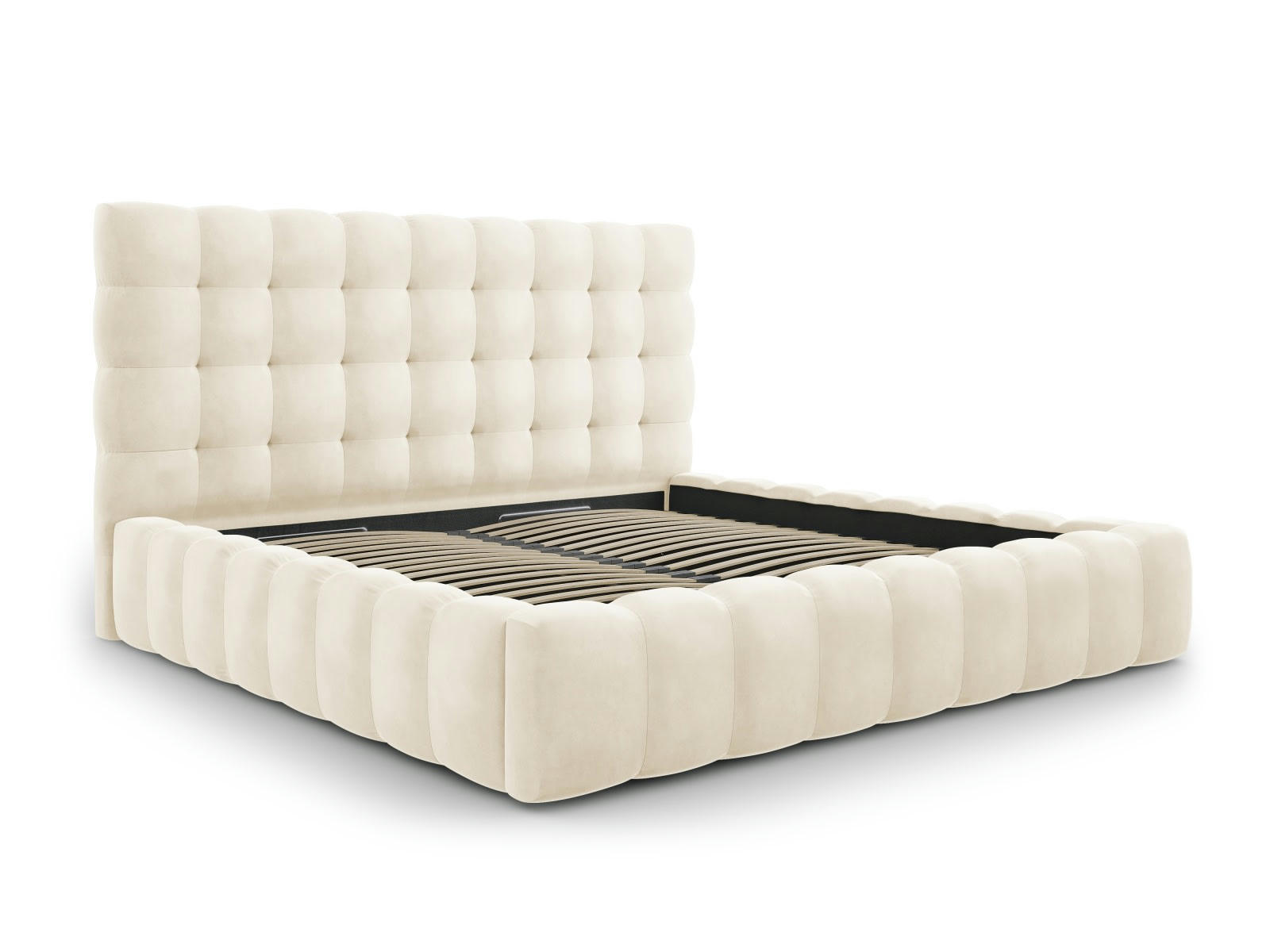 MAMAIA - Lit coffre en avec tête de lit 200x200cm en tissu velours beige clair