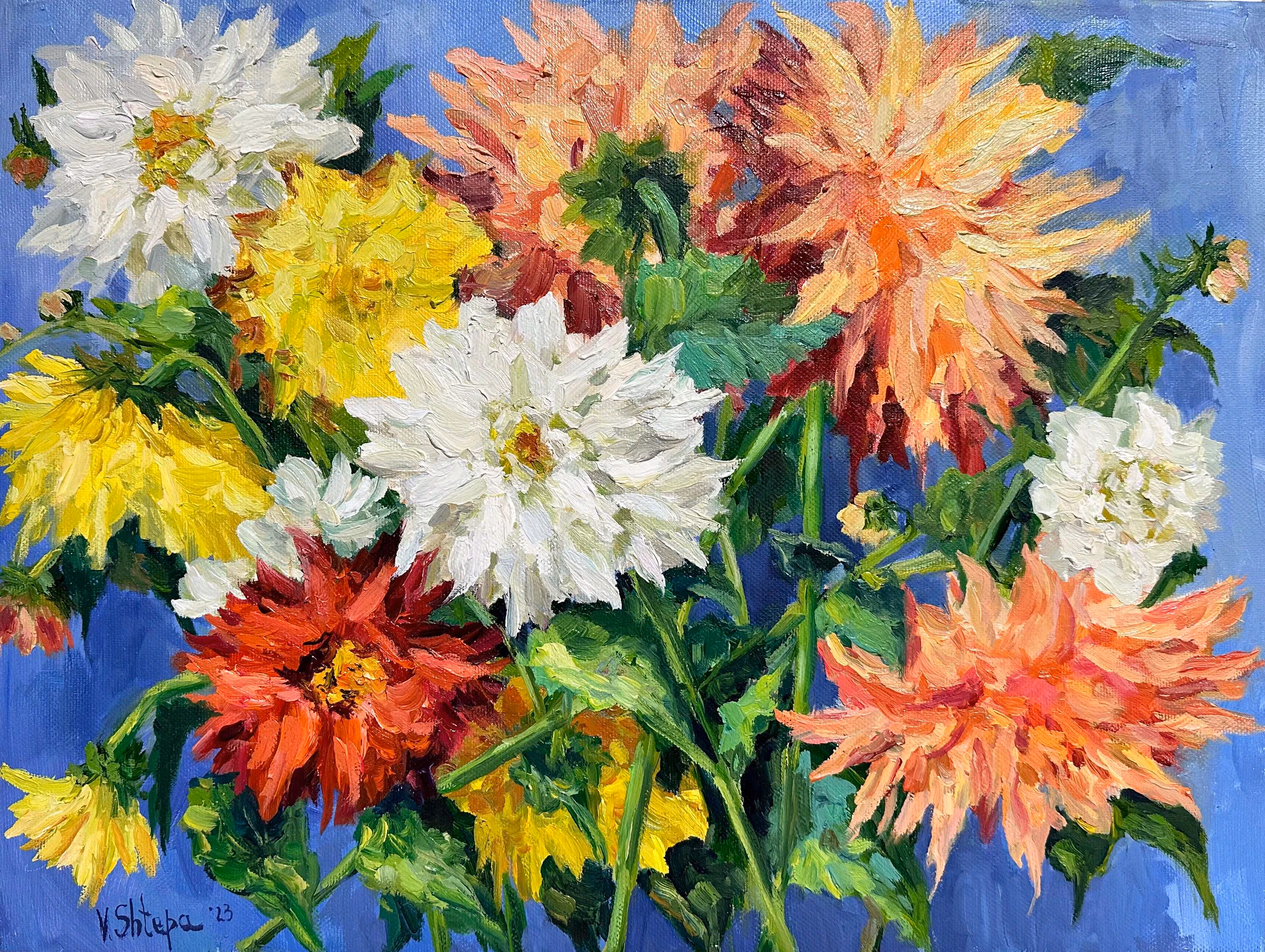 Dahlia Painting, Colorful Floral Still Life, Original Impasto Oil Art, Botanical Wall Decor